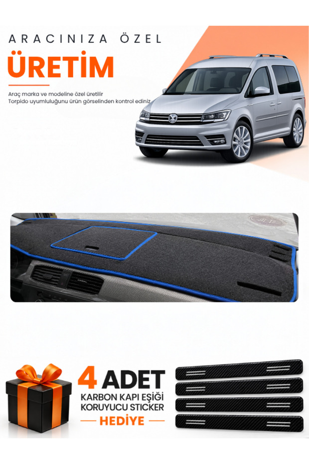 Volkswagen Caddy (2015-2021) Compatible Dashboard Protection Cover Auto Cover - Black-Blue - Vw003