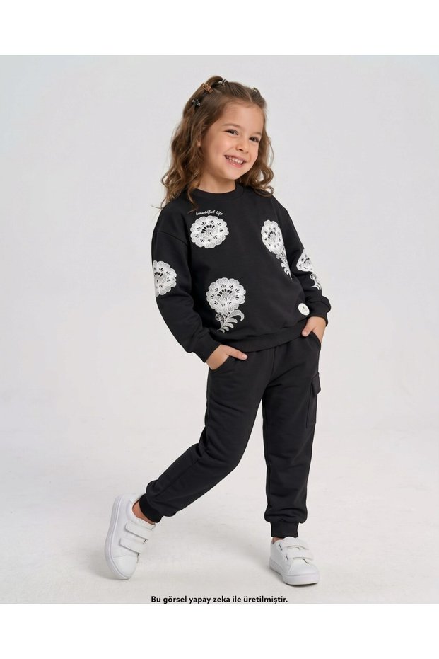 Girl's Floral Printed 6-7-8-9-10 Years Old Seasonal Cotton Compact Stylish Top and Bottom Tracksuit Set
