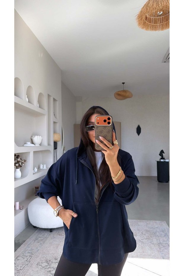 Navy Blue Zippered Pocket Modal Hoodie