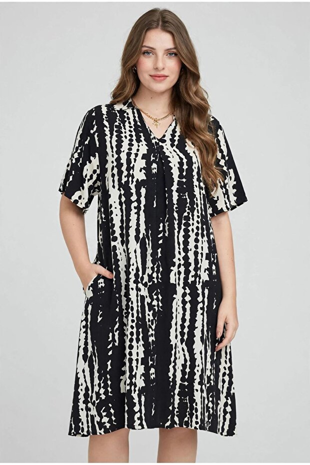 Women's Patterned Summer V-Neck Midi Length Short Sleeve Dress 12C-2433