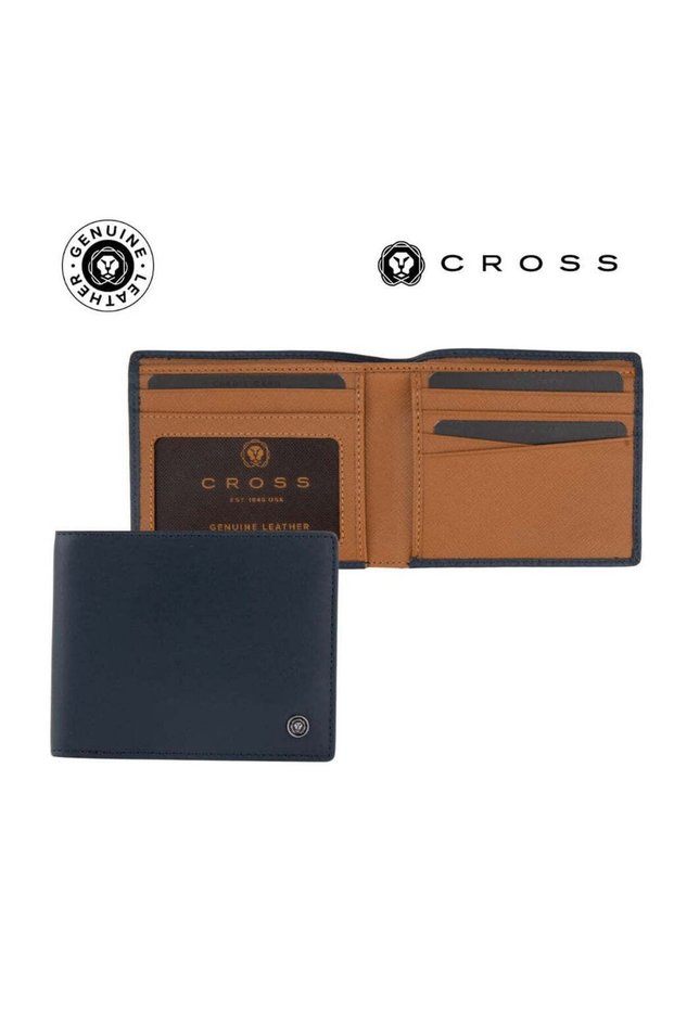 Soft Grain Leather Two-Tone 8CC Bifold Wallet - Blue/Mocha, Navy Blue