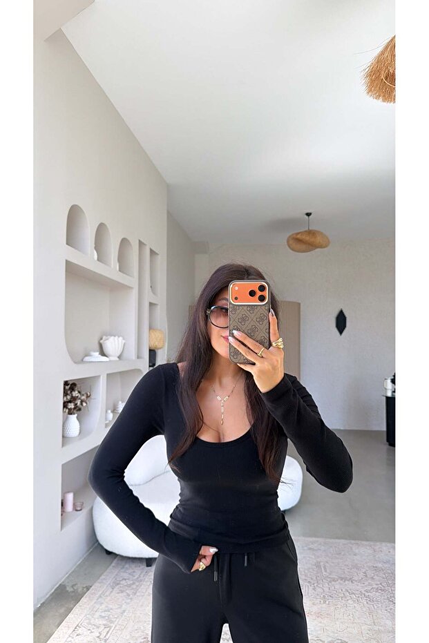 Black Globlu Long Sleeve Bra Free Basic Blouse