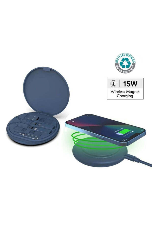 Oslo Mag - Recycled 15W Magnetic Wireless Charger Multicable Set - Blue