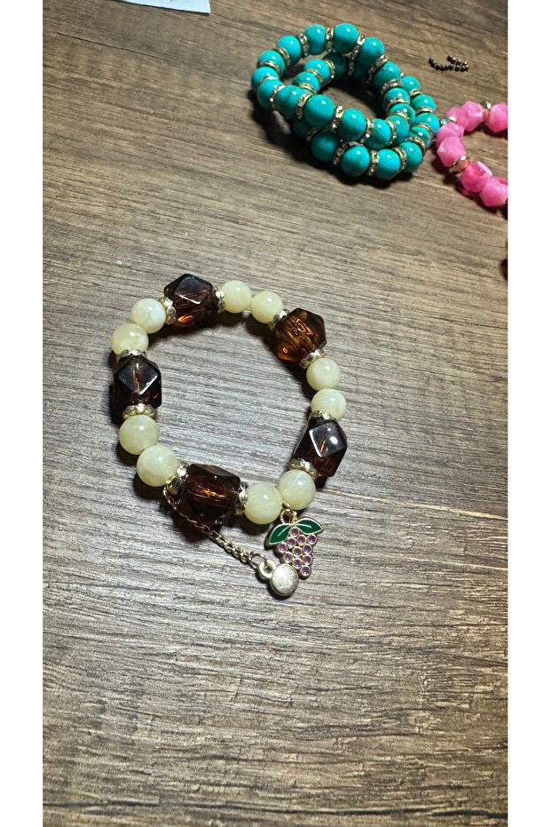 Women's Natural Stone Beaded Bracelet with Grape Figure and Dangle, Brown Cream Model 16 Cm.