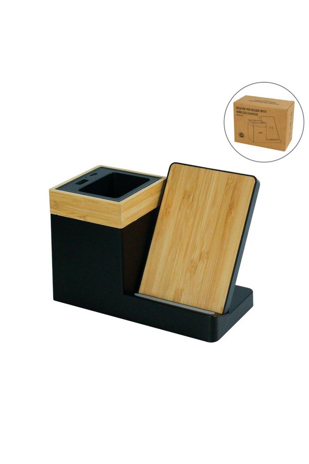 Bamboo Pen Holder with 15W Wireless Charger & LED Logo