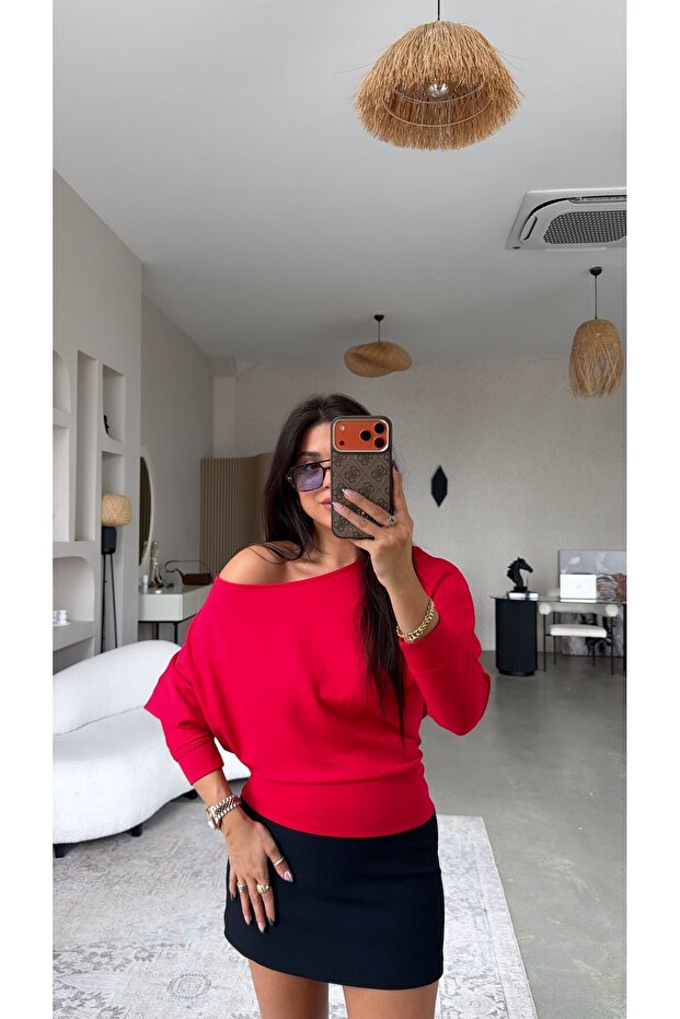 Red Off-Shoulder Modal Sweatshirt