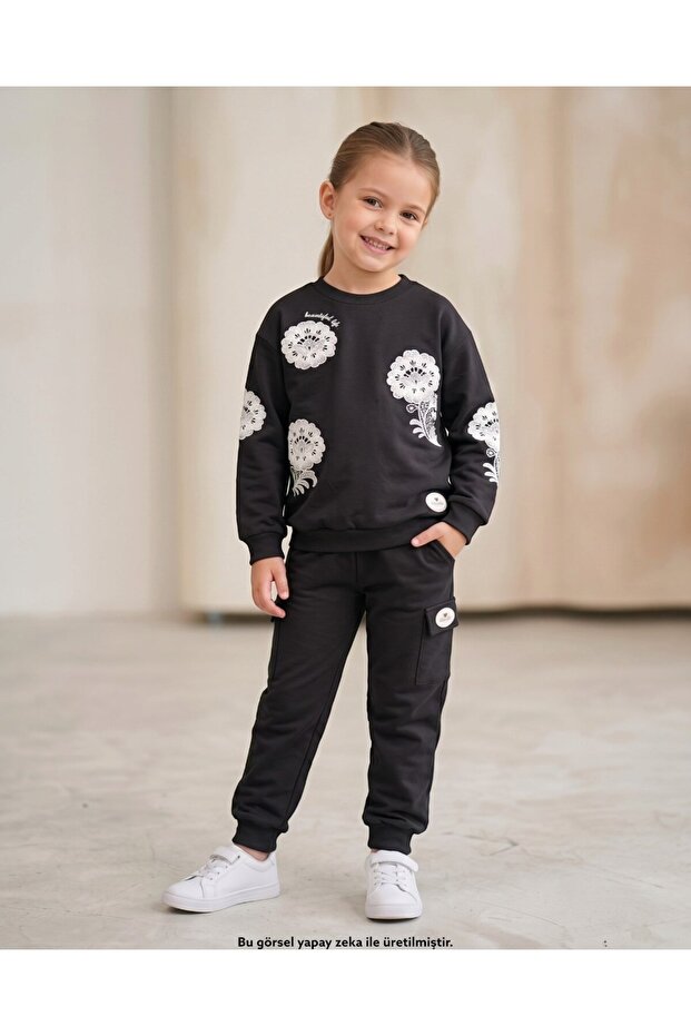 Girl's Floral Printed 6-7-8-9-10 Years Old Seasonal Cotton Compact Stylish Top and Bottom Tracksuit Set