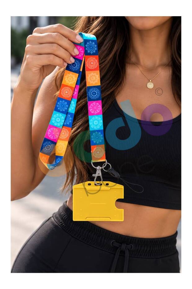 Colorful Mandela Patterned Id Card, Neck Strap, Card Strap, Phone Attachment, Yellow Plastic Horizontal Card Holder