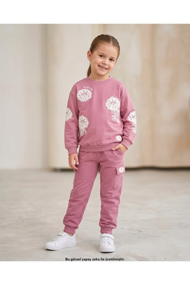 Girl's Floral Printed 6-7-8-9-10 Years Old Seasonal Cotton Compact Stylish Top and Bottom Tracksuit Set