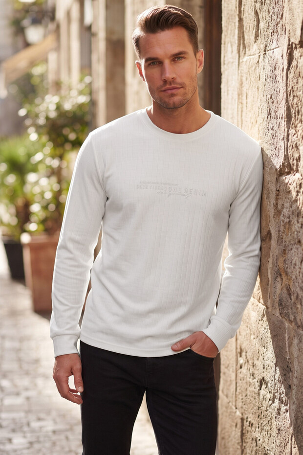 Men's Slim Fit Lycra Striped Textured White Sweatshirt – Crew Neck Embroidered Sporty Stylish Sweatshirt 2708518
