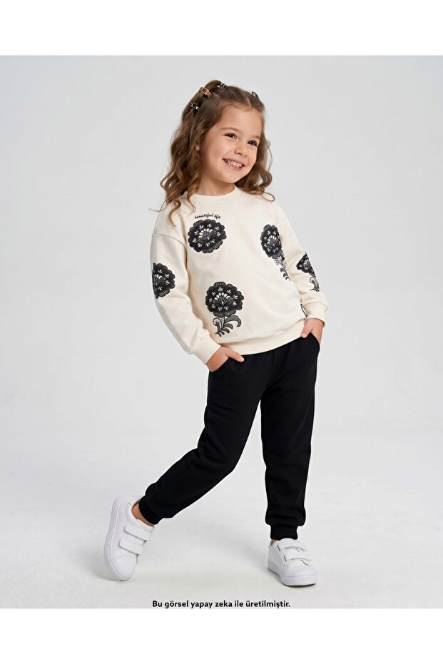 Girl's Floral Printed 6-7-8-9-10 Years Old Seasonal Cotton Compact Stylish Top and Bottom Tracksuit Set