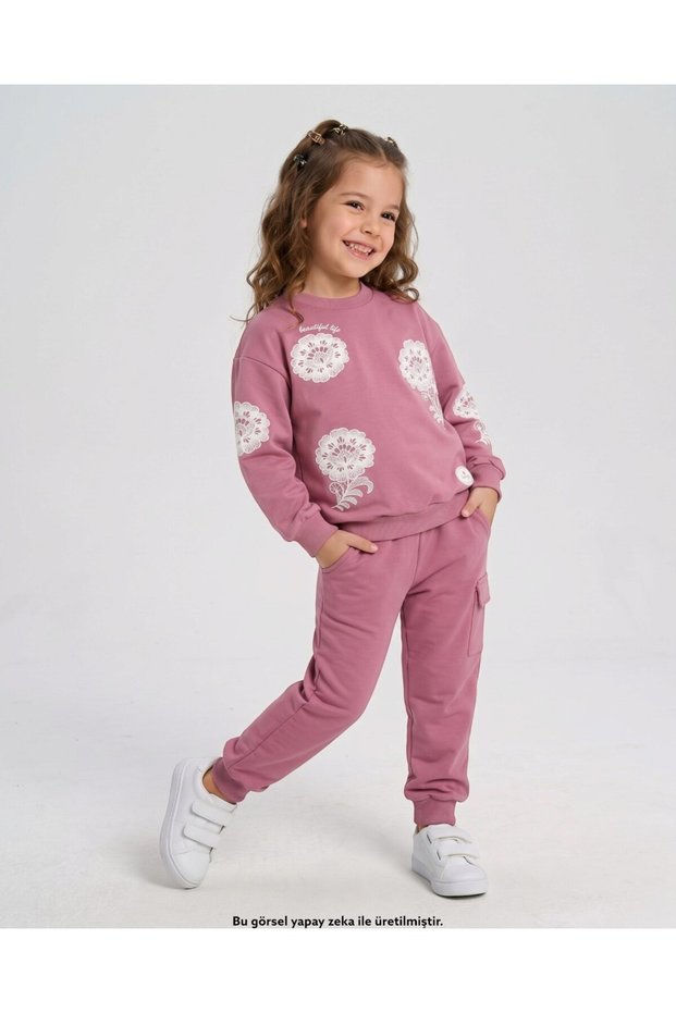 Girl's Floral Printed 6-7-8-9-10 Years Old Seasonal Cotton Compact Stylish Top and Bottom Tracksuit Set