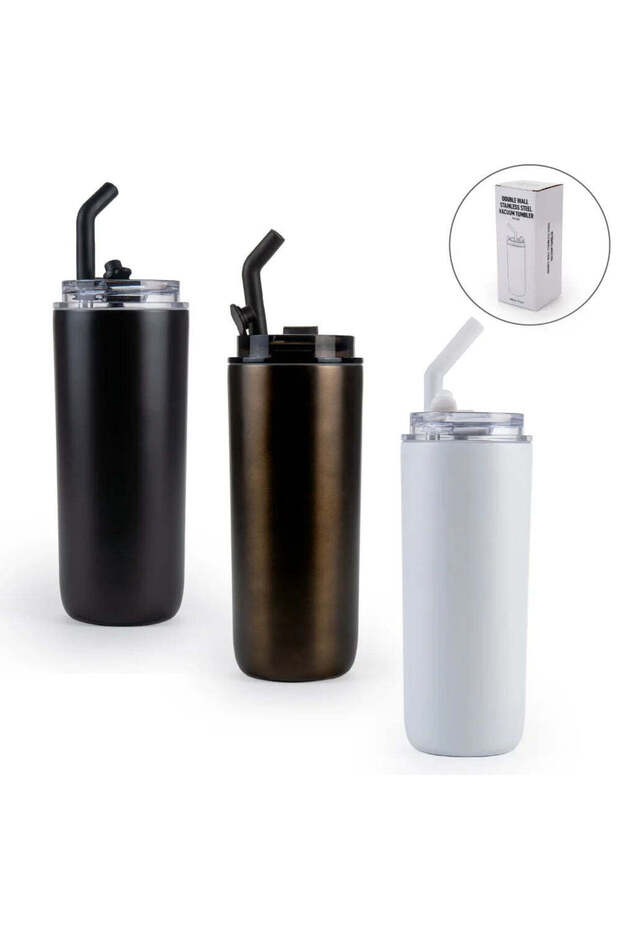 Double Wall SS Tumblers with Transparent Lid and Metal Straw - 500ml, Brown