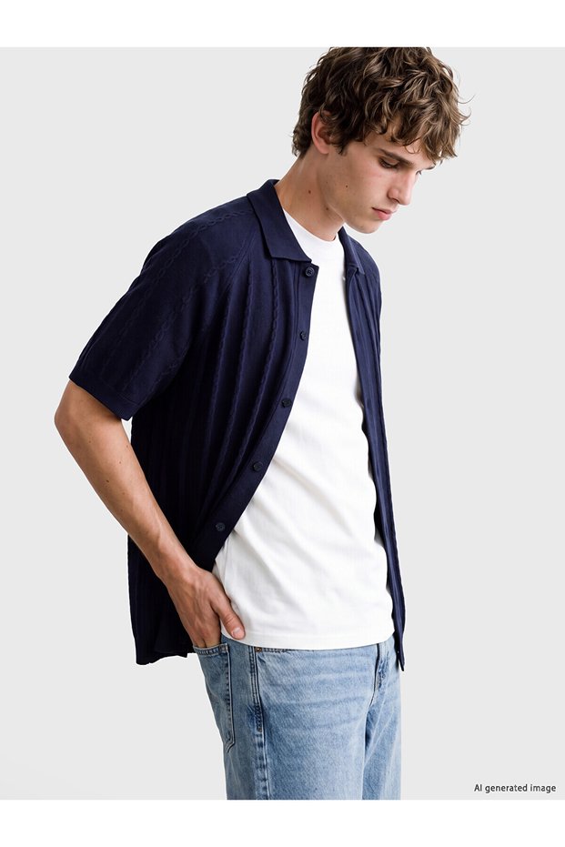 Özmarka New Season Navy Blue Regular Fit Men's Knitwear Shirt