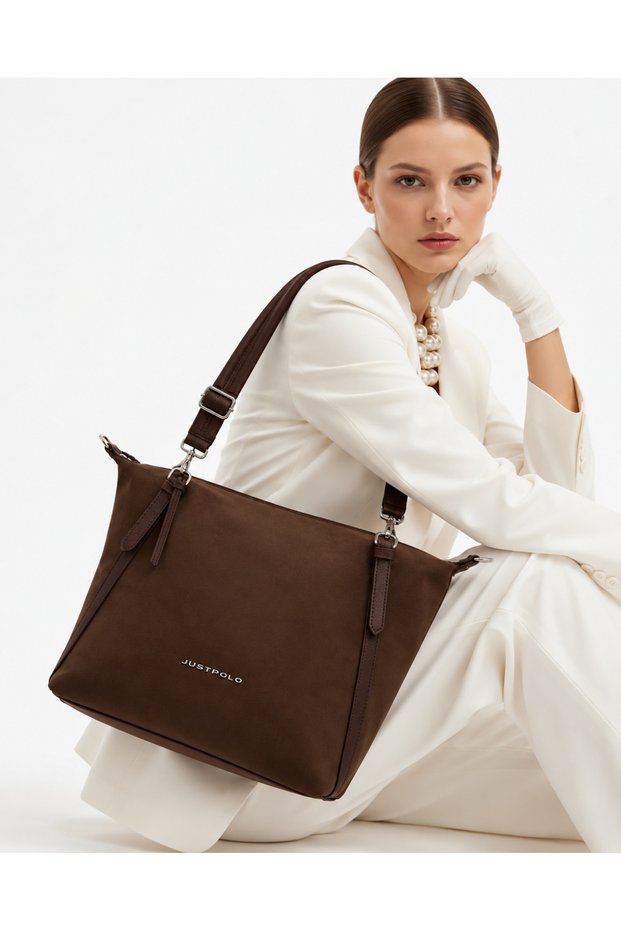 Women's Daily Large Size Zippered Wide Strap Suede Hand & Shoulder Bag Size: 32 X 27 cm
