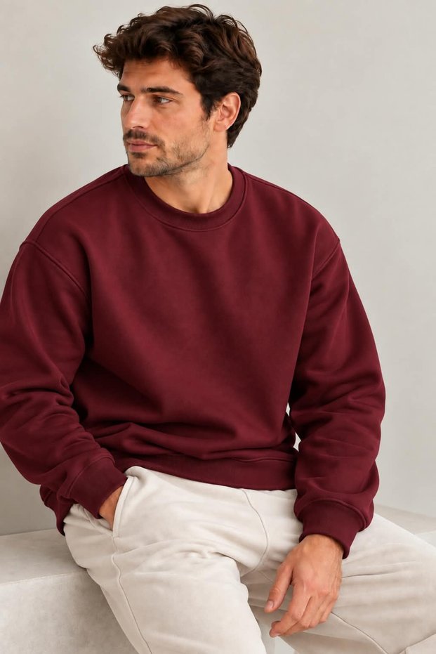Men's Regular Fit Crew Neck Basic Plain 3 Thread Sweatshirt