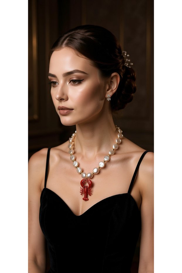Women's Classic Round Pearl Stringed Big Red Lobster Figured Dangle Necklace