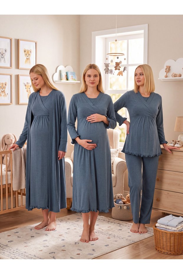 New Season Indigo Double-Breasted Collar Breastfeeding Compatible Design Long Sleeve 100% Cotton Maternity Pajama Set 4-Piece Set