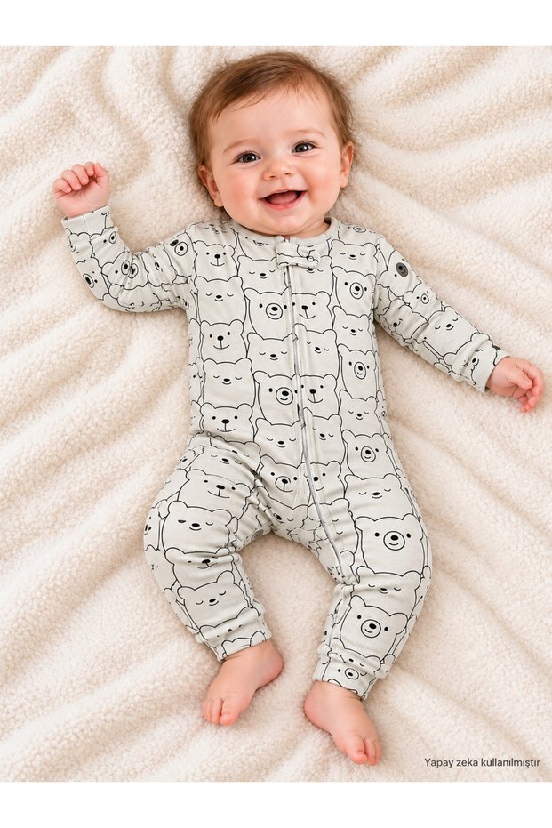 Unisex Baby Teddy Bear Patterned Zippered Long Sleeve Jumpsuit Without Booties