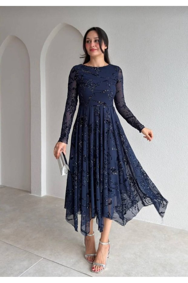Women's Navy Blue Asymmetrical Cut Boat Neck Long Sleeve Tulle Evening Dress