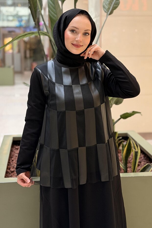 Tulle Checkerboard Leather Detailed Tunic