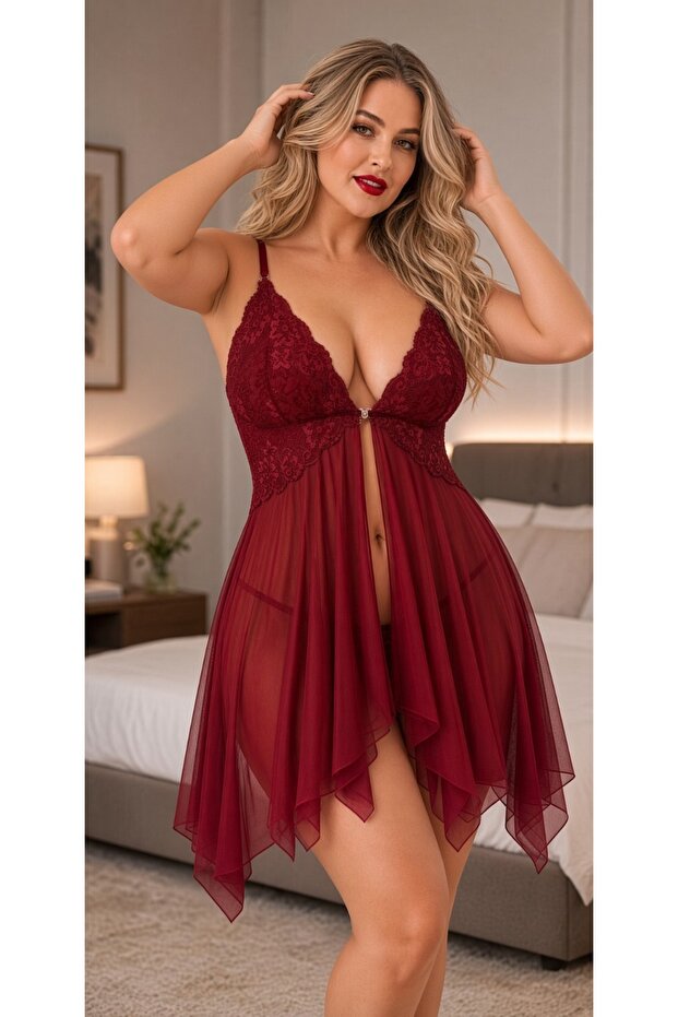 Lace Embroidered Stone Detailed Tulle Plus Size Nightgown