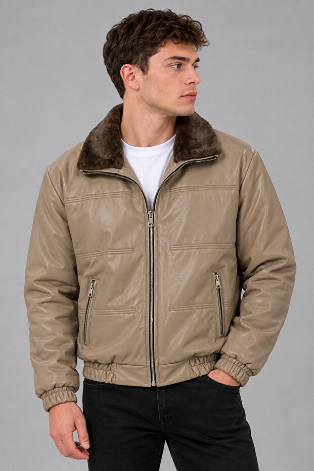 Faux Leather Winter Coat with Fur Collar and Padding Kmd 894_50537