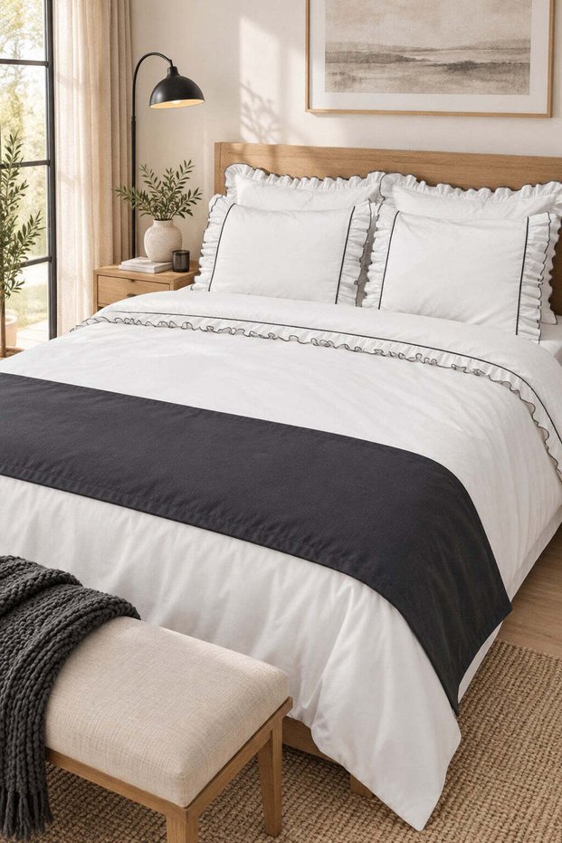 Mirella 100% Cotton Ruffled Anthracite Piping Runner 7 Piece Double Duvet Cover Set