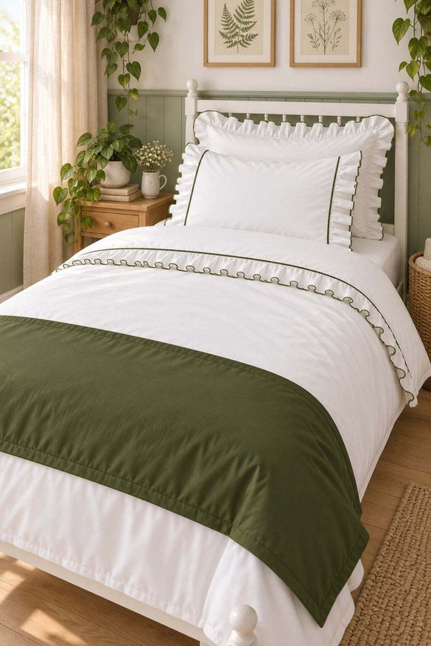 Mirella 100% Cotton Ruffled Green Piping Runner 5 Piece Single Duvet Cover Set