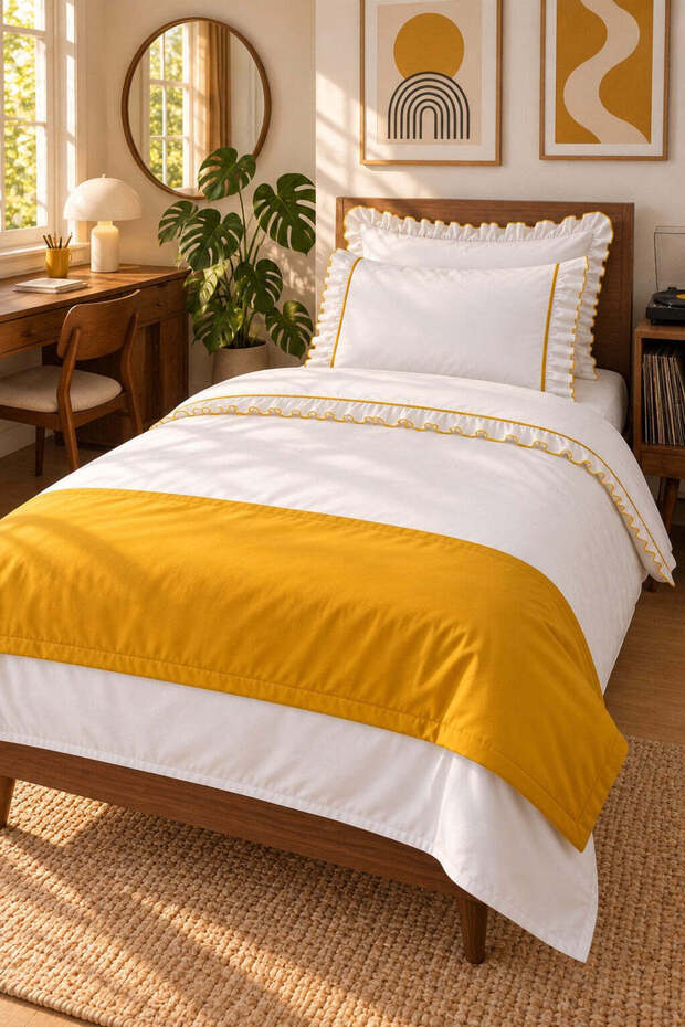 Mirella 100% Cotton Ruffled Mustard Piping Runner 5 Piece Single Duvet Cover Set