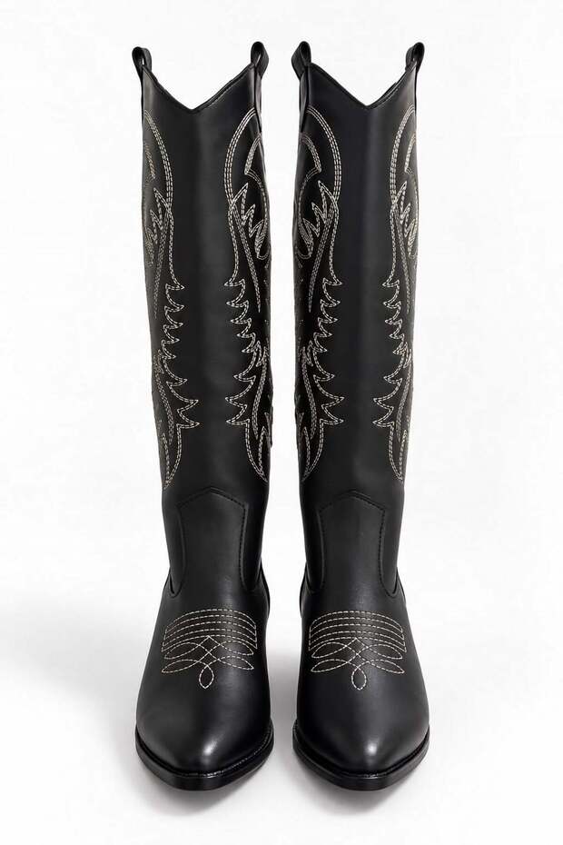 Black Leather Embroidered Pointed Toe Block Heeled Zipper Detailed Western Cowboy Long Boots
