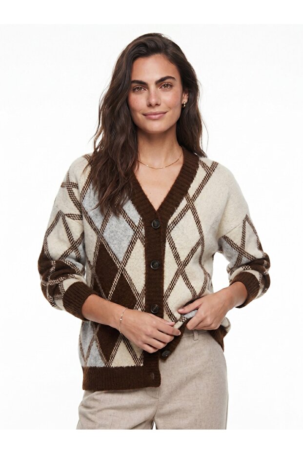 Coffee Ecru Acrylic Blended Flexible Textured V-Neck Diamond Pattern Buttoned Knitted Cardigan