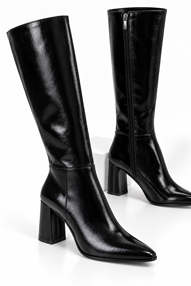 Black Patent Leather Faux Leather Pointed Toe High Heeled Over-The-Knee Boots with Side Zipper Detail