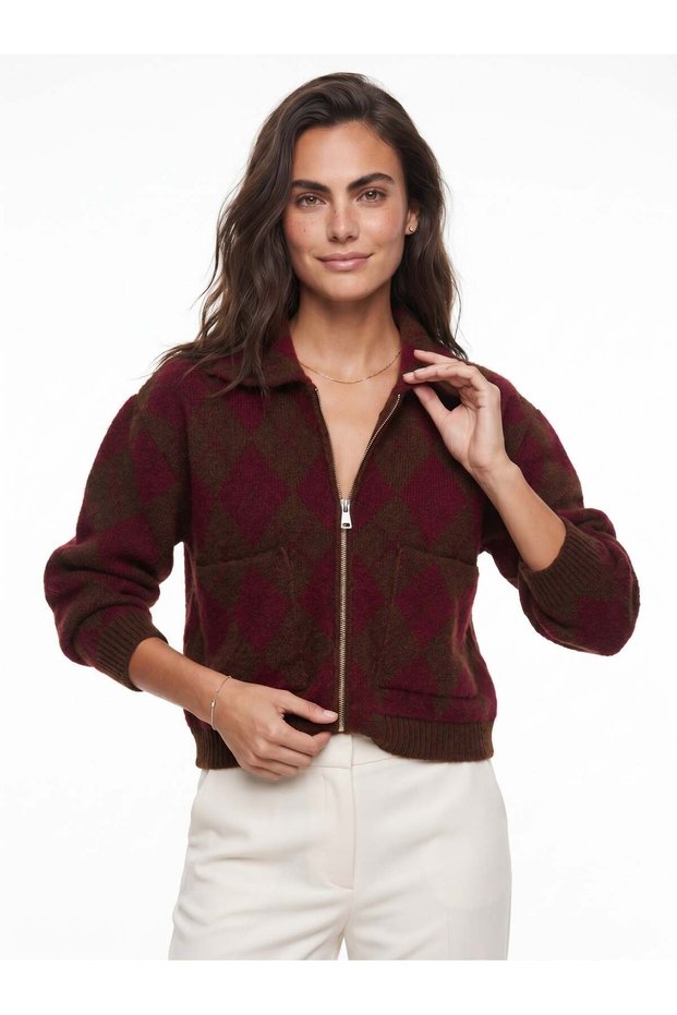 Coffee Red Soft Textured Knitwear Collared Diamond Pattern Zippered Comfortable Fit Knitted Cardigan