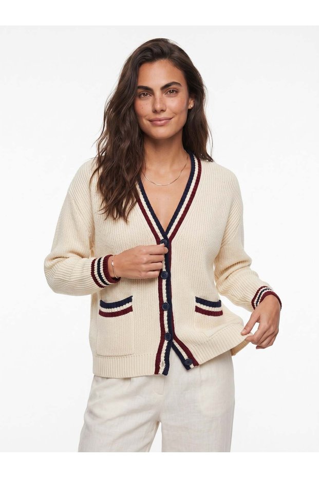 Ecru Thessaloniki Knitted Acrylic Fabric V-Neck Buttoned Striped Detailed Pocketed Knitwear Cardigan