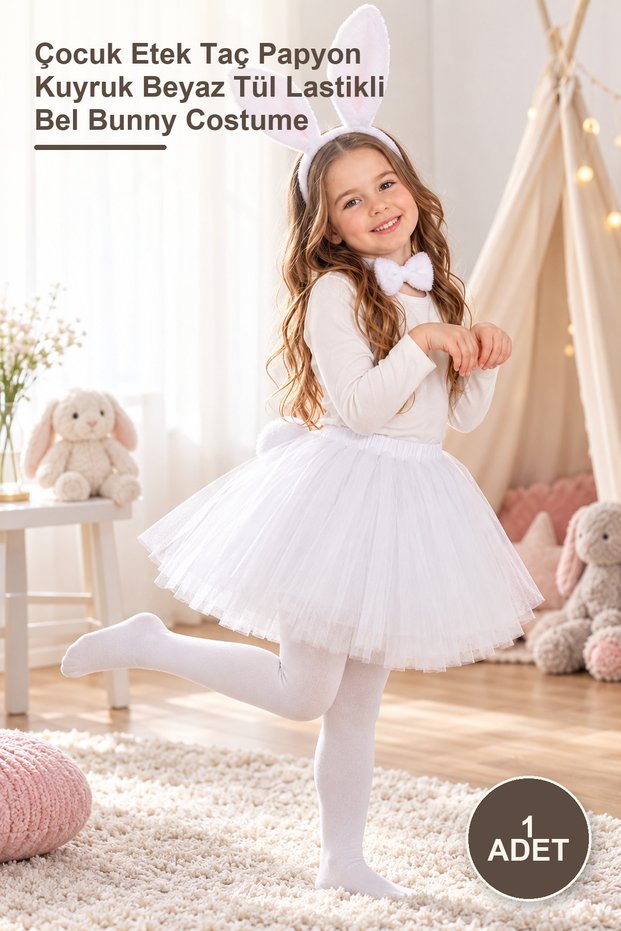 1 Piece Rabbit Costume Set – Children's Skirt Crown Bow Tie Tail White Tulle Elastic Waist Bunny Costume