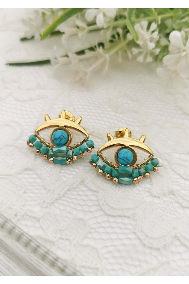 Gold Earrings with Eye Figure and Turquoise Bead Detail 2.5X2 cm