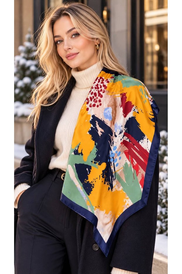 Flr27-51 Navy Blue Patterned Women's Scarf 70X70 cm