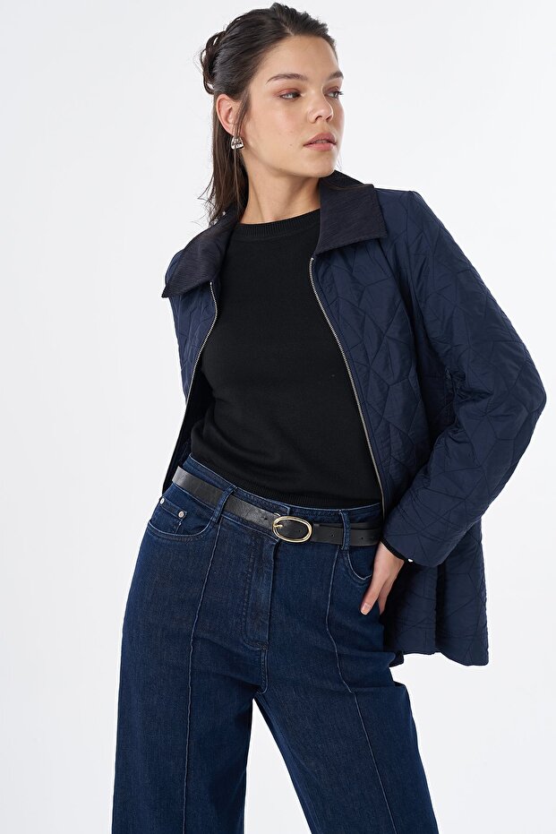 Collar Detailed Quilted Jacket Navy Blue