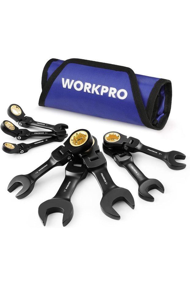 WORKPRO 8-Piece Stubby Ratcheting Wrench Set, Metric 8-17 mm Flex Head