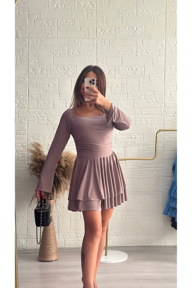 Mink Square Collar Layered Flounce Sendy Fabric Long Sleeve Mini Dress