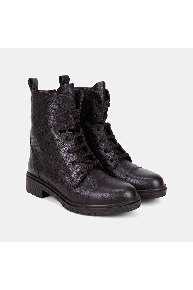 Women's Bitter Brown Lace-Up Zippered Leather Boots