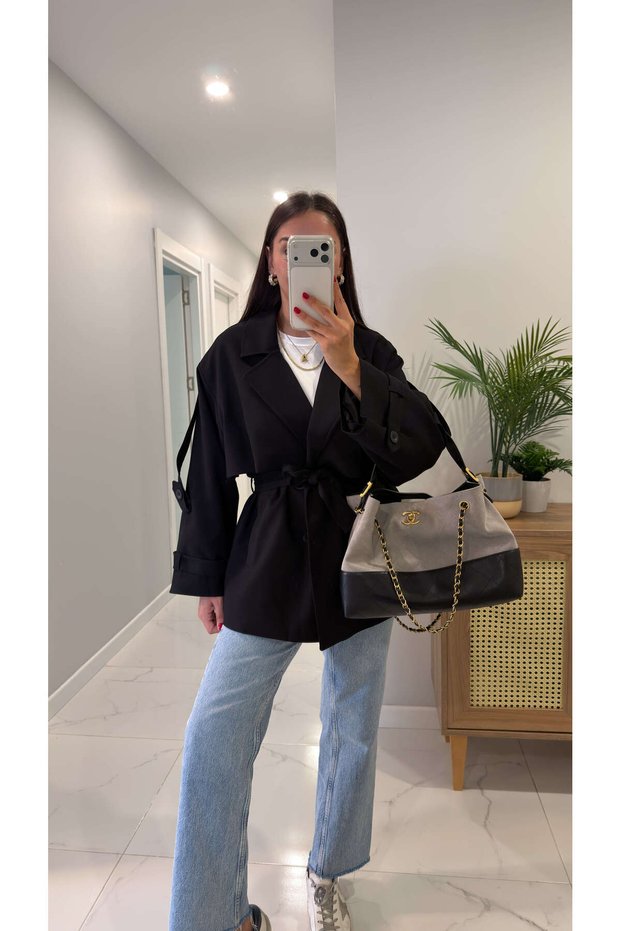 Nadisa Black Belted Short Premium Trench Coat