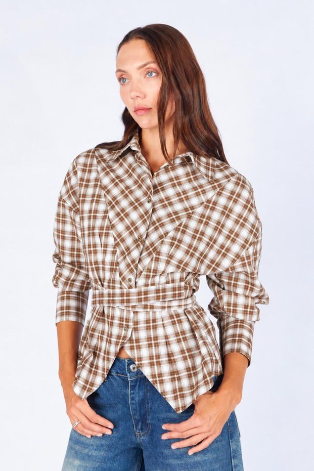 Women's Coffee Color Belted Shirt with Waist Belt