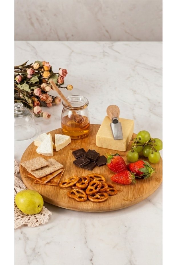 Bamboo Presentation Board with Rotating Tray 30 cm - Wooden Cheese and Breakfast Presentation Fruit Rotating Stand