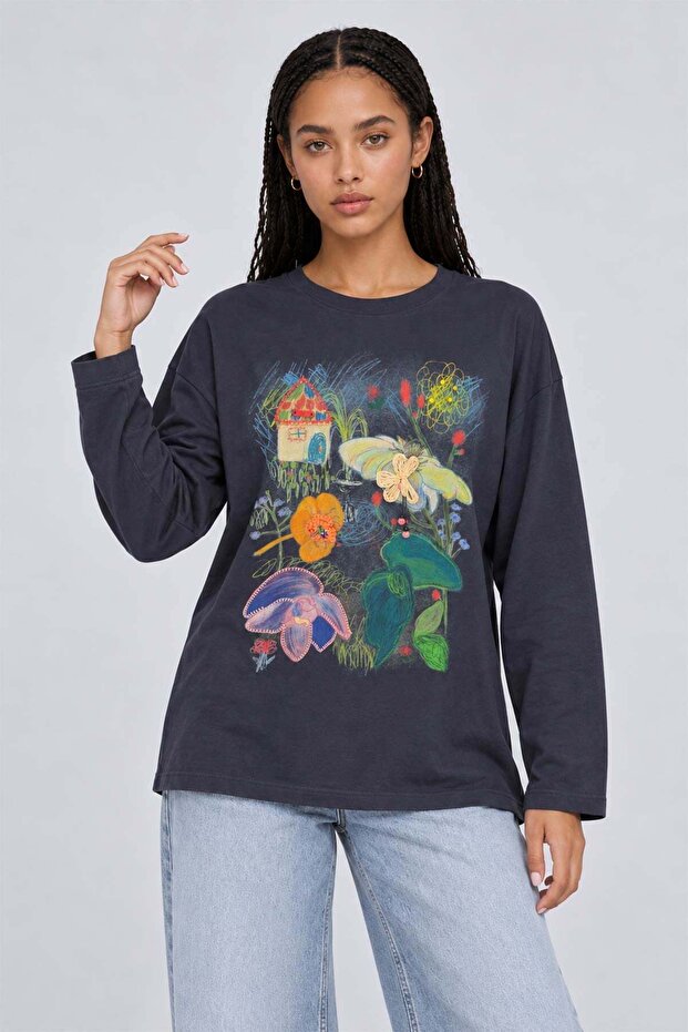 Patterned low shoulder sweatshirt indigo