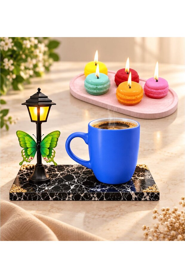 Blue Mug and Set of 5 Scented Colorful Macaron Candles with Led Street Lights