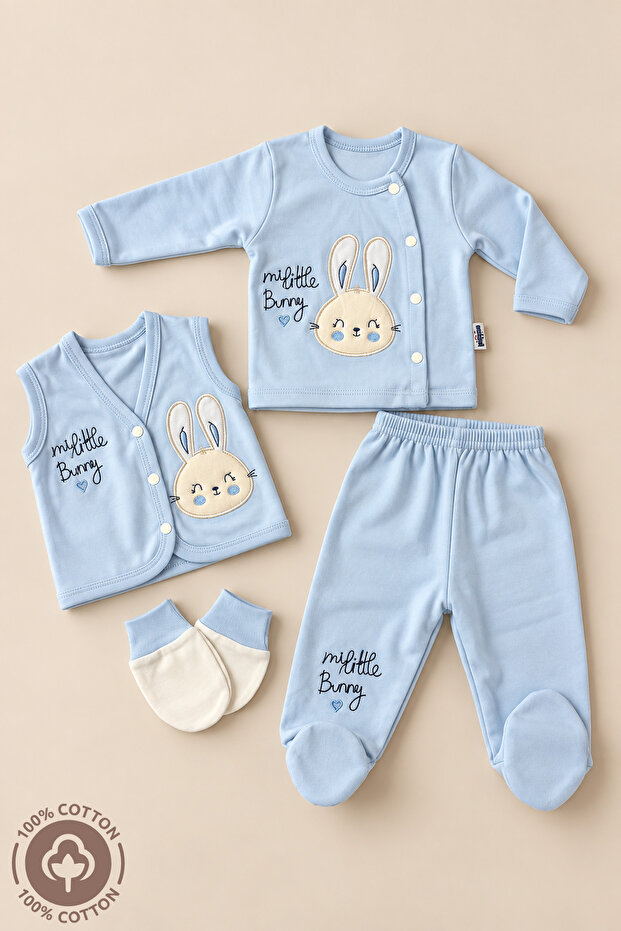 Unisex Baby Bunny Embroidered 100% Cotton 4-Piece Newborn Baby Hospital Discharge Set Boxed