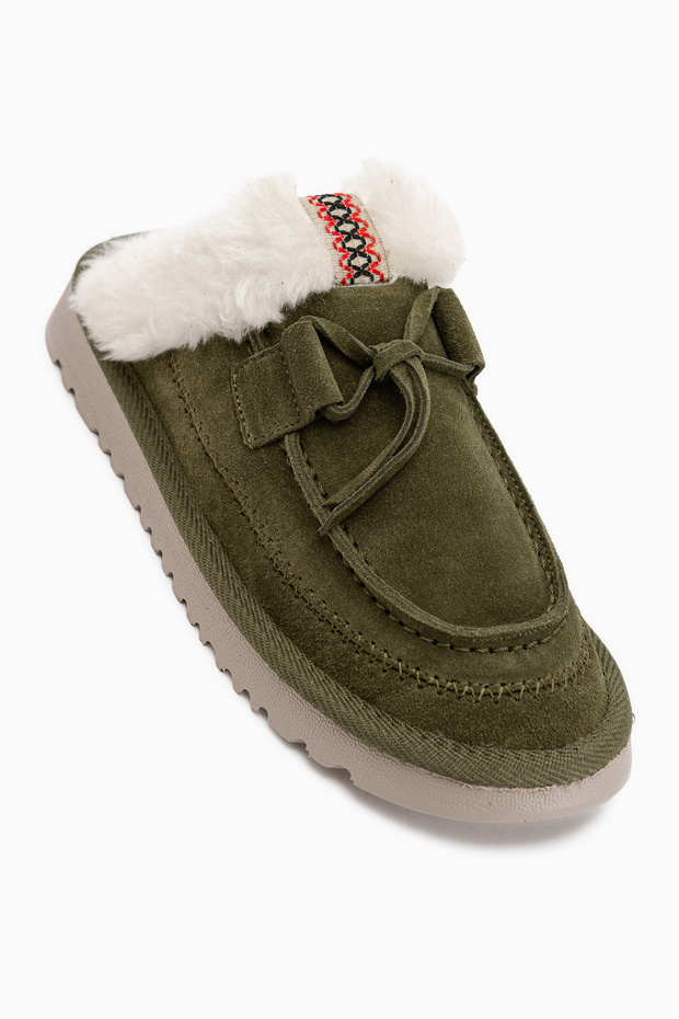 Tisha Genuine Leather Khaki Suede Fur Lace Detailed Women's Slippers