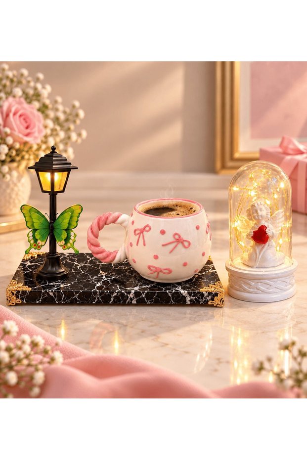 Pink Bow Mug with Led Street Light and White Angel Jar with Led Light-Up Heart Set